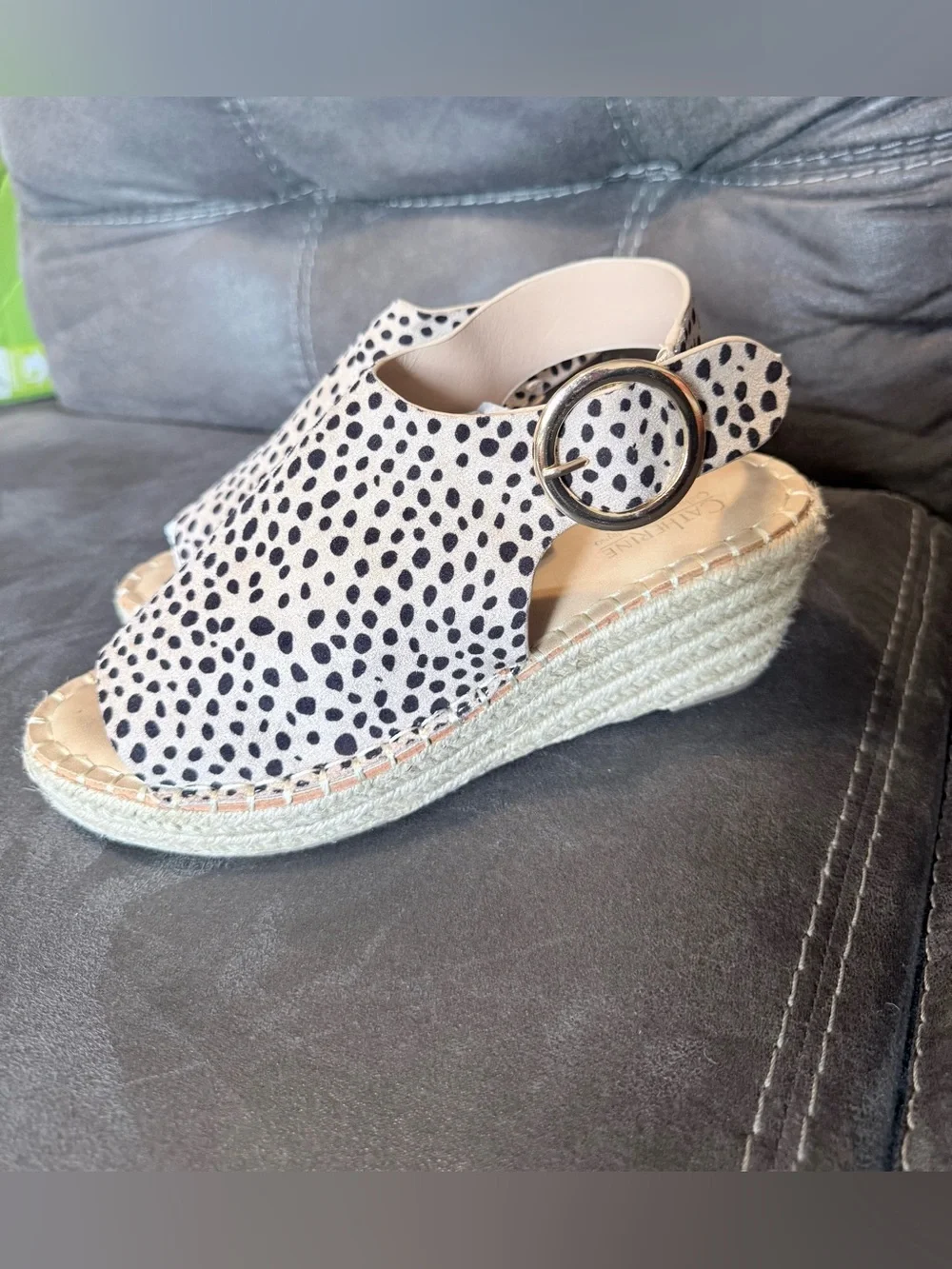 Catherine Malandrino Spotted Espadrille Wedge Sandals in Cream and Black